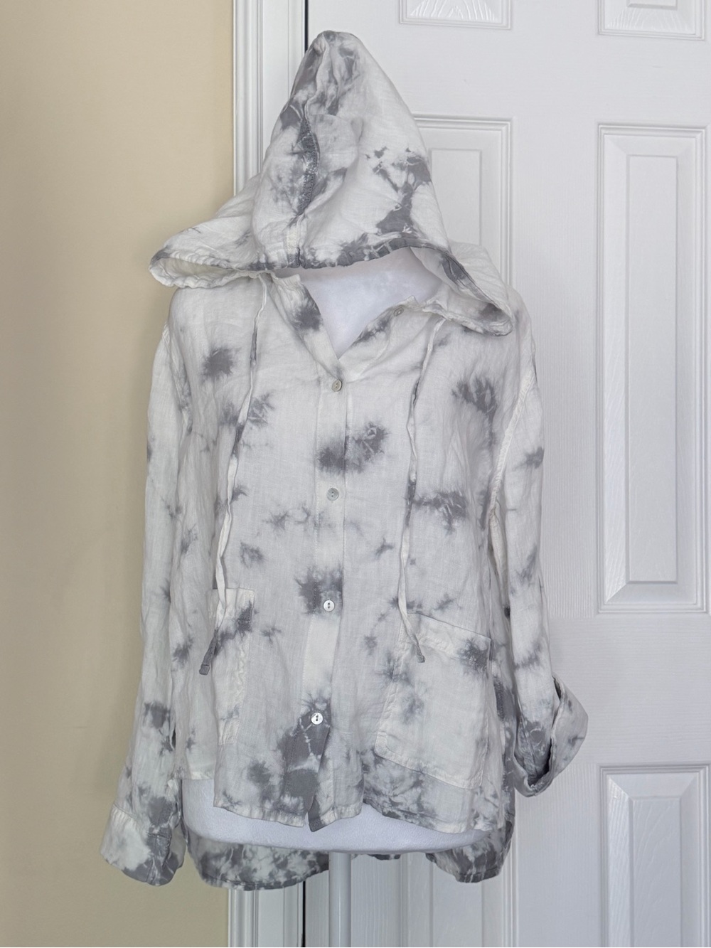 Rachel Zoe 100% Linen Hooded Tunic Top Tie Dye Button Front Roll Tab Sleeve S